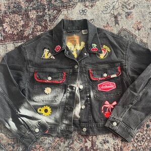 Signature by Levi Strauss Black Jean Jacket with Colorful Patches